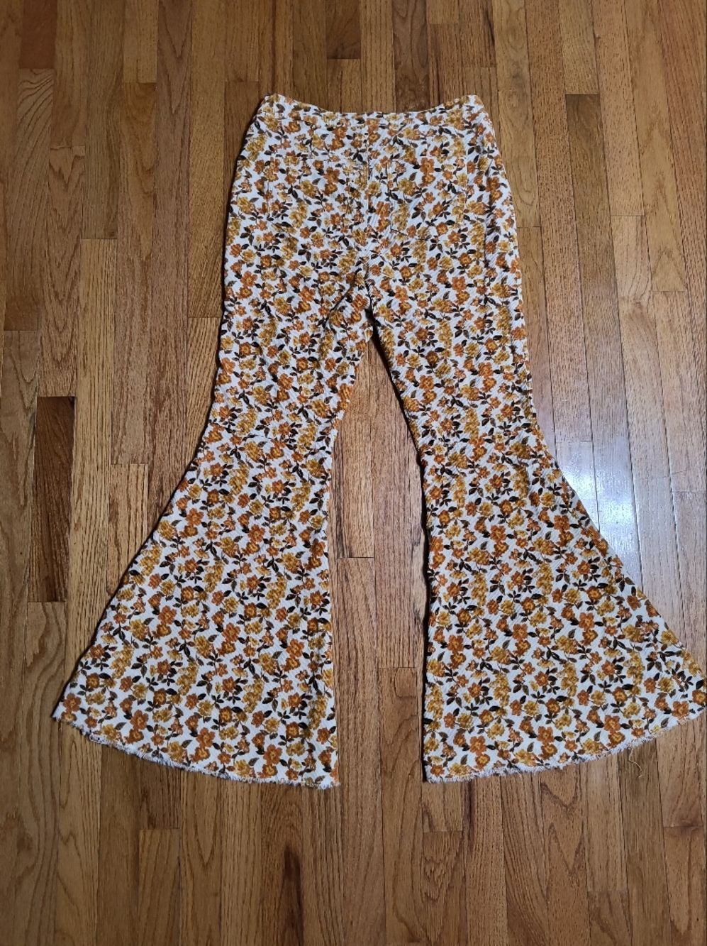 Versona Bell Bottoms, Corduroy Flare Leg Pants, Women's 8, Brown/Orange Floral - Picture 11 of 16